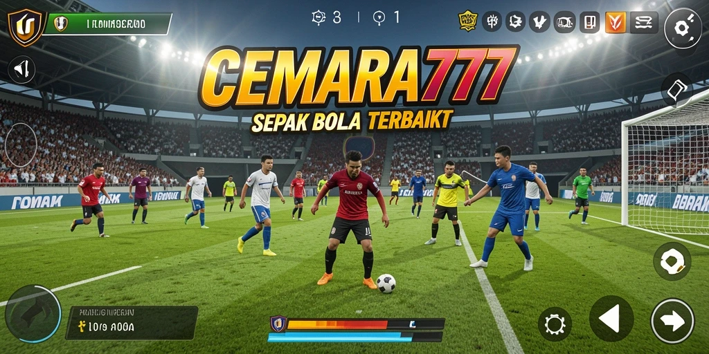 Screenshot CEMARA777 menampilkan aksi seru di lapangan sepak bola.