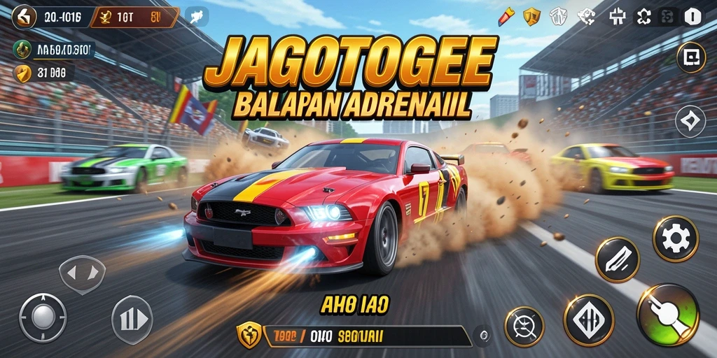 Screenshot gameplay JAGOTOGEL menunjukkan mobil balap dalam aksi penuh kecepatan.