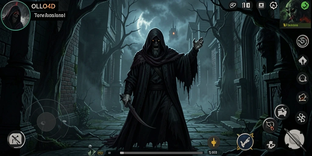 Tangkapan layar OLLO4D menampilkan gameplay menegangkan di dunia yang gelap.