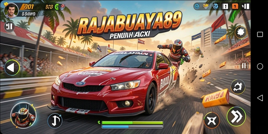Gameplay balapan yang seru di RAJABUAYA89 dengan mobil yang melaju kencang.