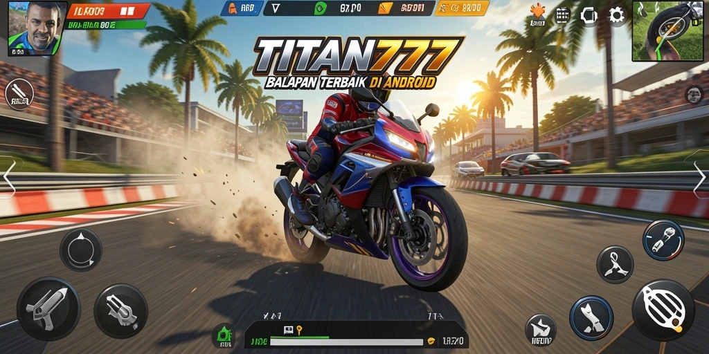 Screenshot gameplay dari TITAN777 menampilkan balapan motor yang mendebarkan.