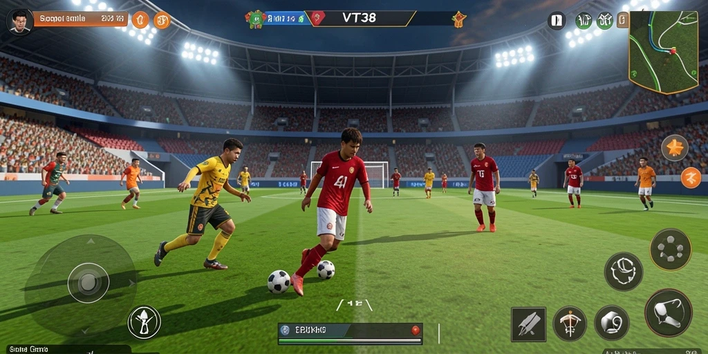 Tangkapan layar utama VT38 menampilkan aksi mendebarkan di lapangan sepak bola.